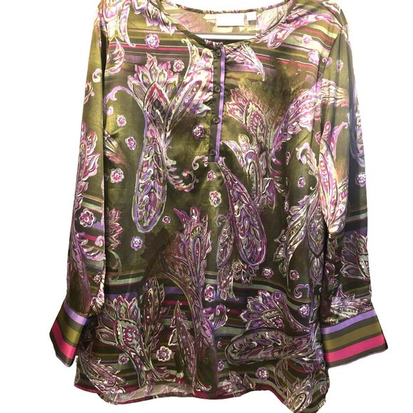 Belle Kim Gravel Sz XL Green Paisley LS Blouse Boho 90s - Picture 1 of 7
